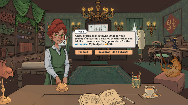 Dressmaker game customer Rose describing a librarian workwear request in the sewing shop