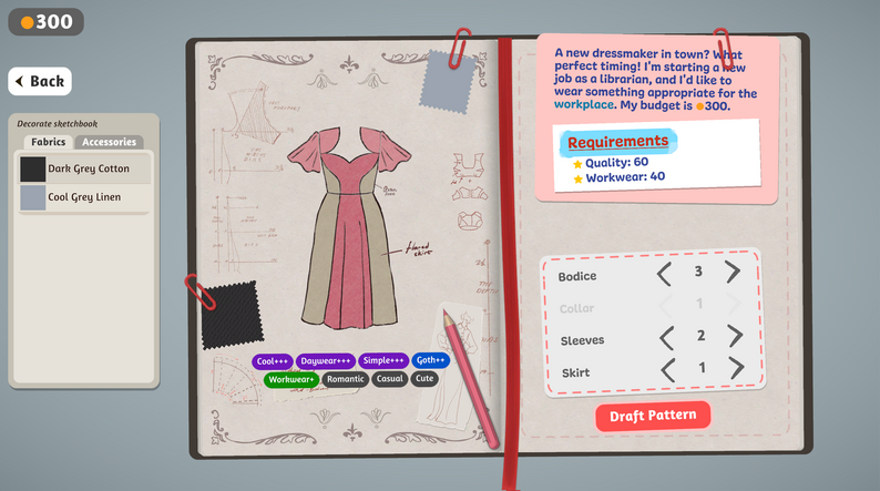 Dressmaker game sketchbook showing a dress design, fabric choices, and customer requirements